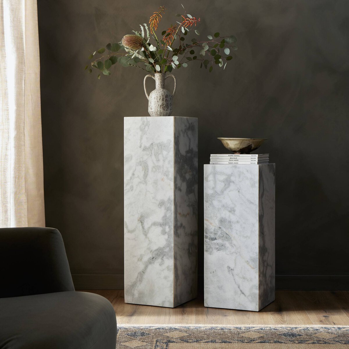 Modern Marble Pedestal White & Grey Speckled Marble Four Hands